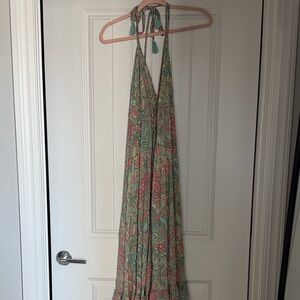 Floral Halter Maxi Dress in Green and Pink